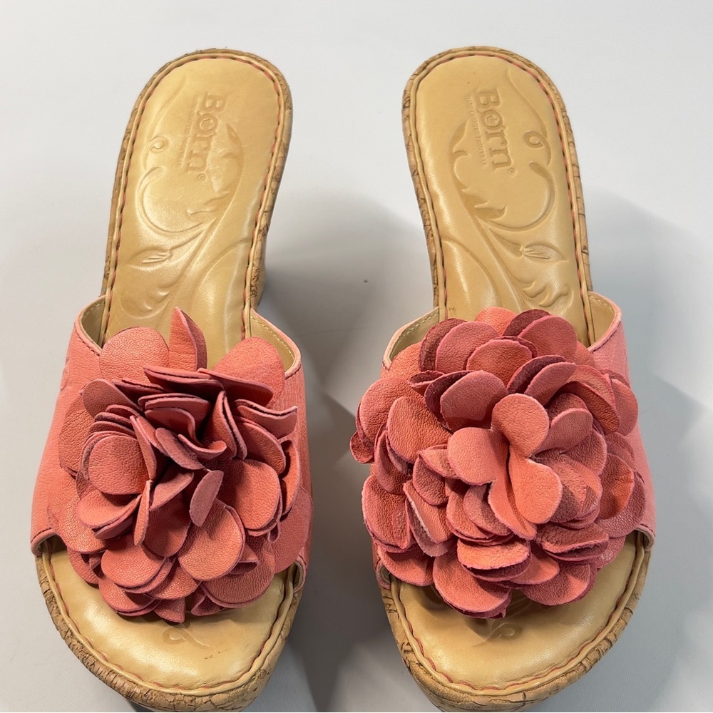 BORN women’s size EU 38 US 7 Rose Pink Flower Slip On Wedge 4” Heels - Picture 6 of 10